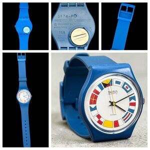 HTF SWATCH 12 FLAGS GS101 VINTAGE 80’s 34mm BLUE SWISS WATCH UNISEX NEW BATTERY
